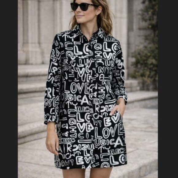 Ashley Stewart NWT Love Music Graffiti Shirt Dress 14 Black White Streetwear - Picture 1 of 8